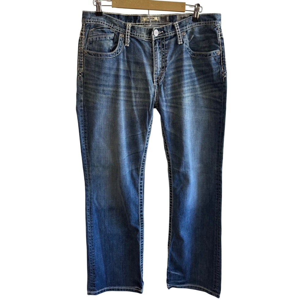 BKE Denim Size 34 Derek Dark Wash Bootcut Jeans Western Utility Rugged Barn